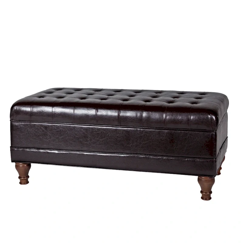 Brown Tufted Faux Leather Storage Ottoman Bench, 1-Person