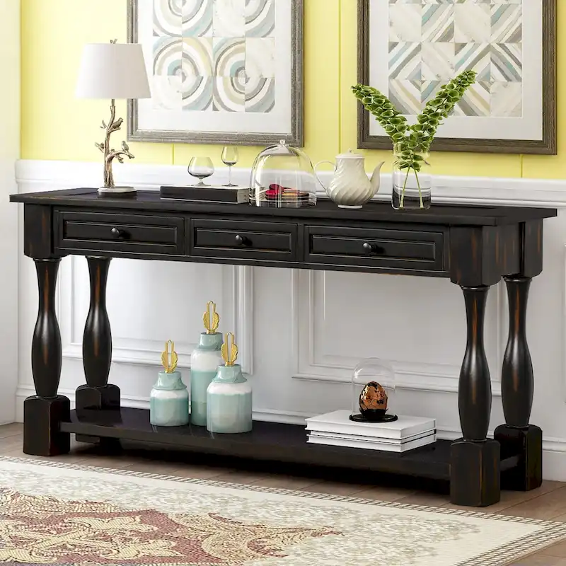 64-Inch Console Table with Drawers and Shelf, Distressed Black & Antique White