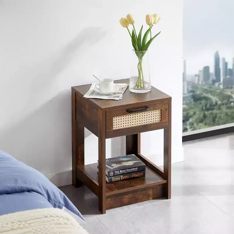 MAYEERTY Rattan End Table with Drawer, Modern Nightstand, Side Table for Living Room, Bedroom, Rustic Brown