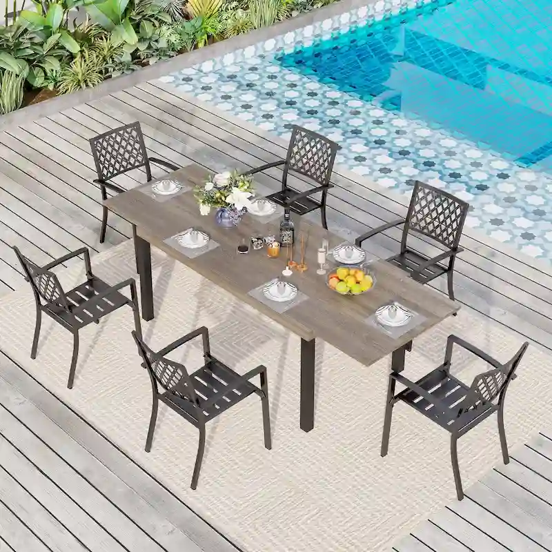 MAISON ARTS 7/9-Pieces Patio Dining Set with Metal Rectangle Expandable Table and Metal Stackable Chairs