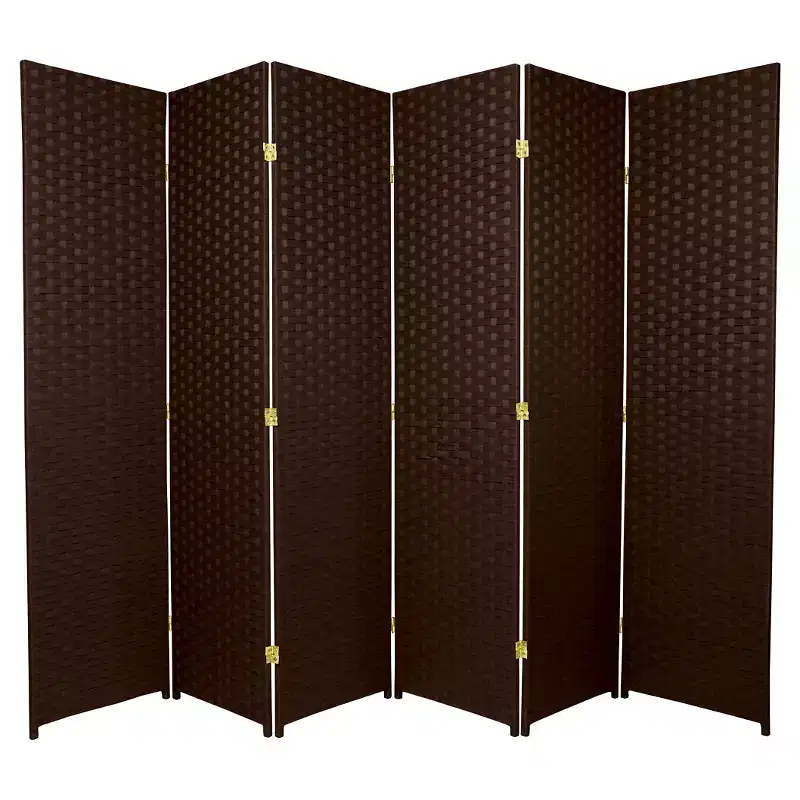 6 ft. Tall Woven Fiber Room Divider - Dark Mocha (6 Panels): Oriental Furniture, No Assembly, Metal Hardware