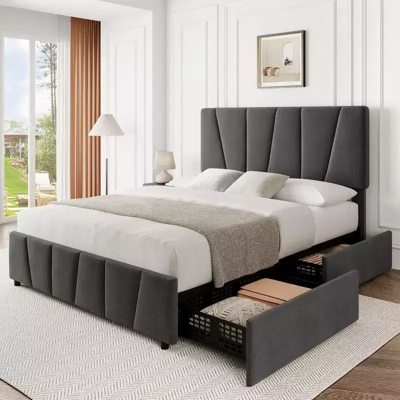 COZONY Twin/Queen Bed Frame with Adjustable Headboard & 4 Storage Drawers, Velvet Tufted Platform Bed