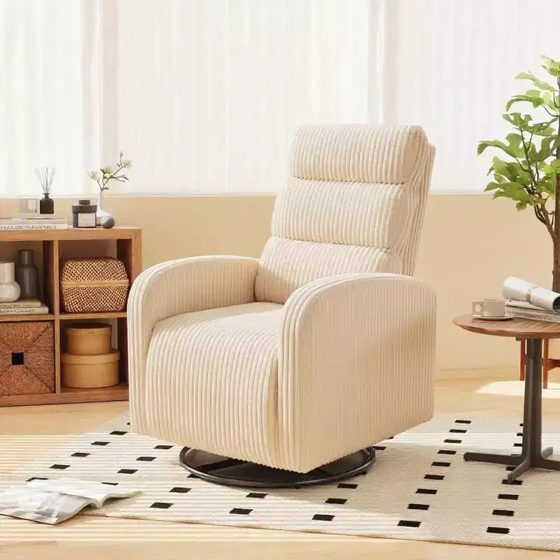 Swivel Rocking Nursery Chair  Corduroy Fabric with Thickened Cushion, High Back Comfy Chair-Beige