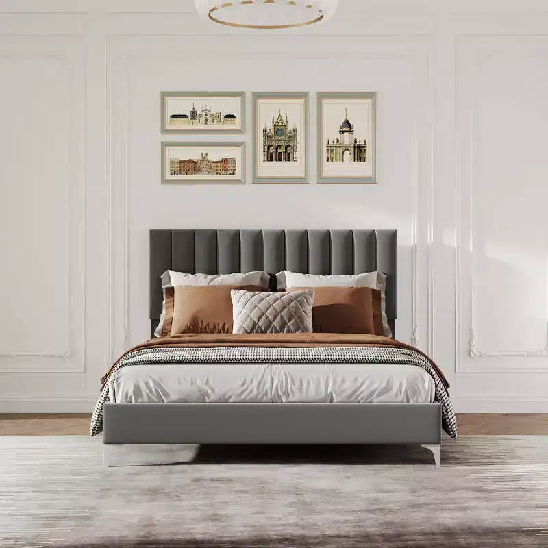 Full Size Bed Frame, Velvet Upholstered, Adjustable Headboard, Noise Free, No Box Spring Needed, Wooden Slats Support, Grey