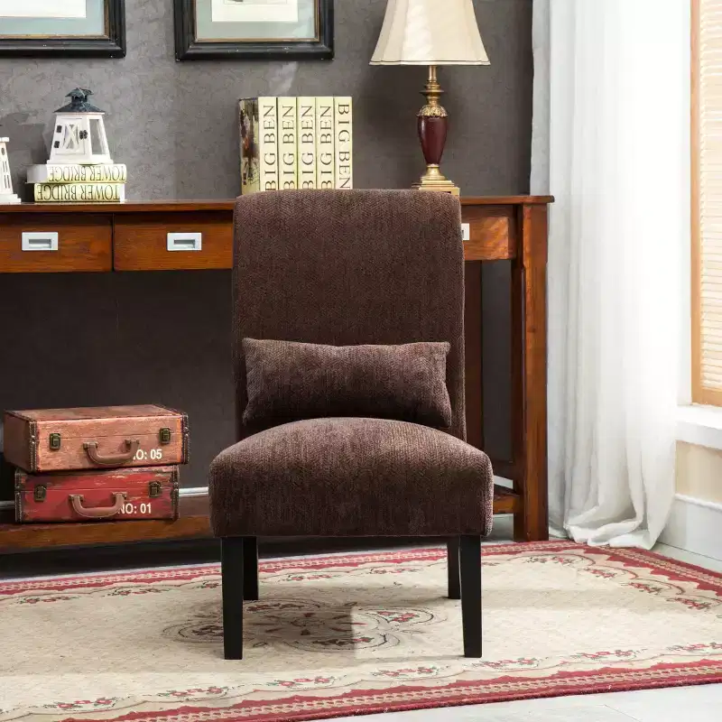 Modern Chenille Fabric Armless Accent Chair with Pillow, Solid Wood Legs, Deep Seat Side Chair for Living Room, Bedroom, or Office