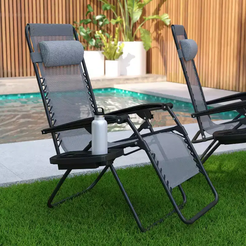 Merrick Lane Set of 2 Folding Mesh Upholstered Zero Gravity Chair with Removable Pillow and Cupholder Tray