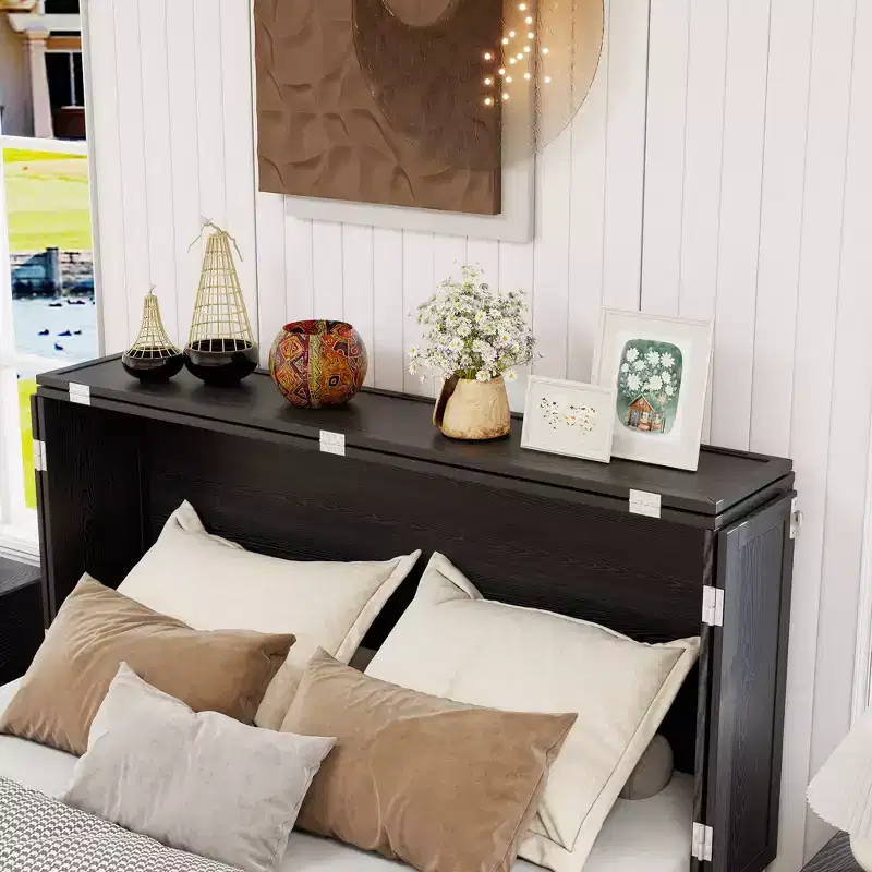 Queen Murphy Bed Chest, Solid Wood Frame with Built-In Charger & Storage Drawer