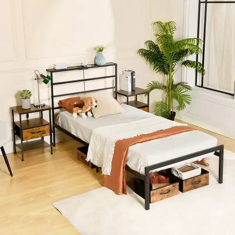 FurnitureR Metal Bed Frame Twin with Led Lights and Charging Station, Mattress Foundation, Iron-Art Headboard and Footboard, Storage Shelves, Black