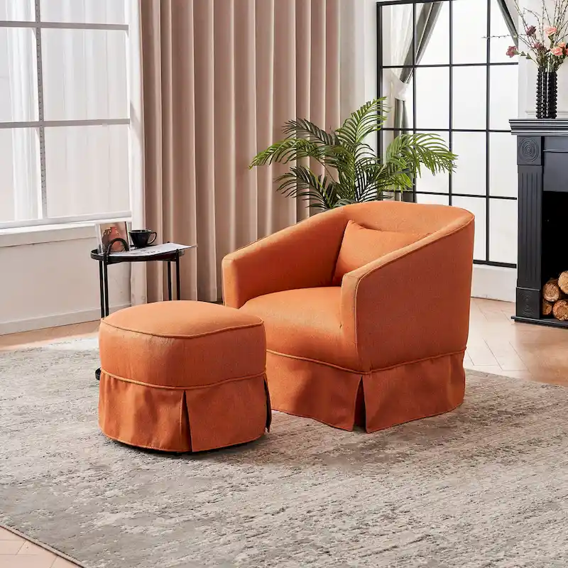 Swivel Barrel Chair With Ottoman, Swivel Accent Chairs Armchair, Reading Chairs, Round Barrel Chairs with Black Metal Base