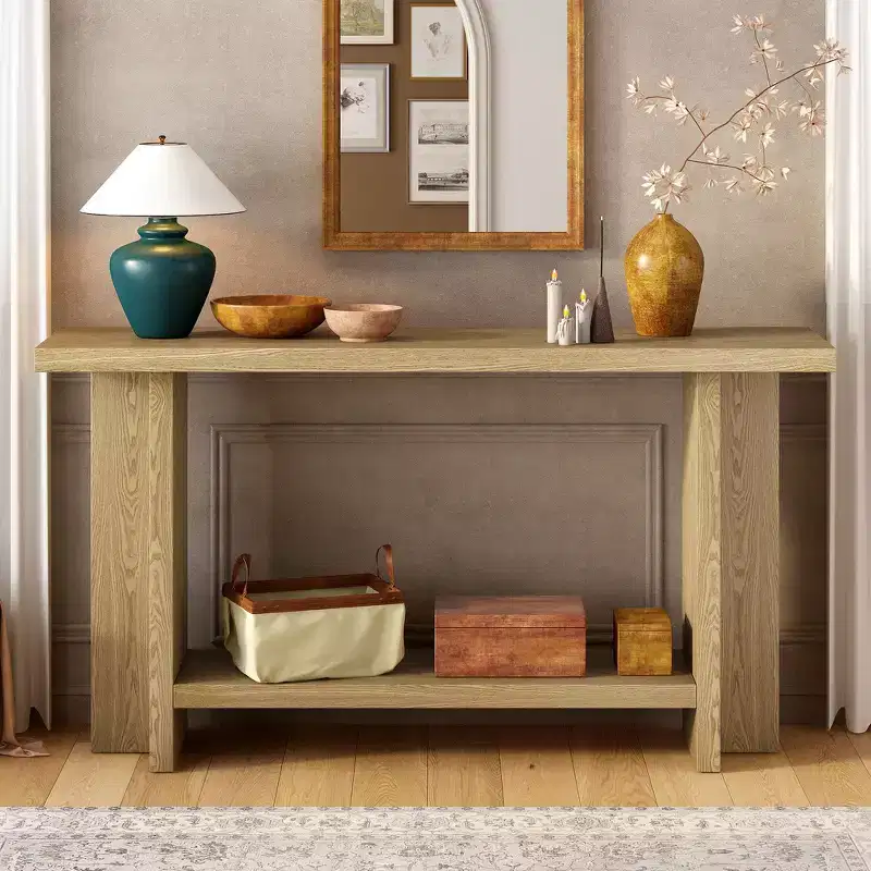 Whisen Vintage-Inspired and Ash Wood Veneer Console Table with T-Leg