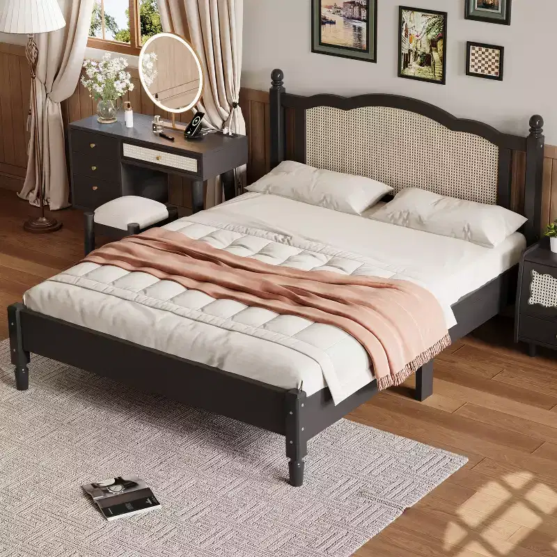 Queen Wooden Platform Bed with Natural Rattan Headboard, Vintage Bed Frame with Slat Support, Black