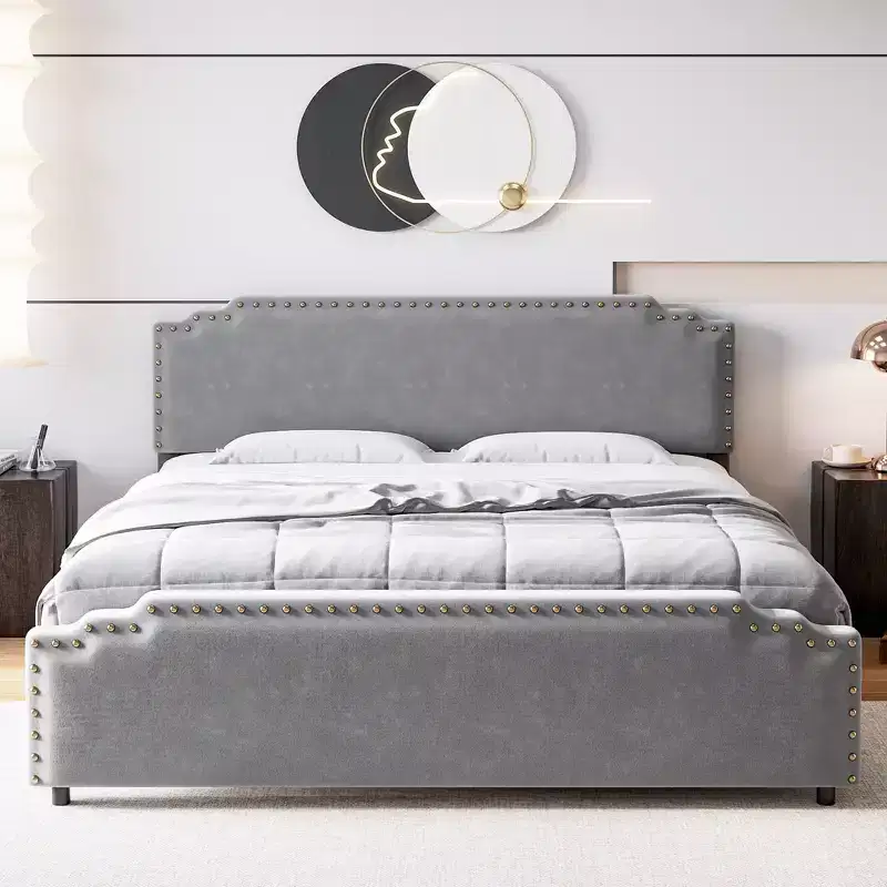 King Bed Frame with Tufted Headboard, Strong Wooden Slats & No Box Spring Required