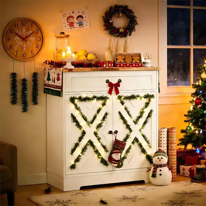 Farmhouse Cabinet - Kitchen Storage Buffet Sideboard with 2 Doors, Drawer & Adjustable Shelf, White Cabinet for Kitchen, Living Room