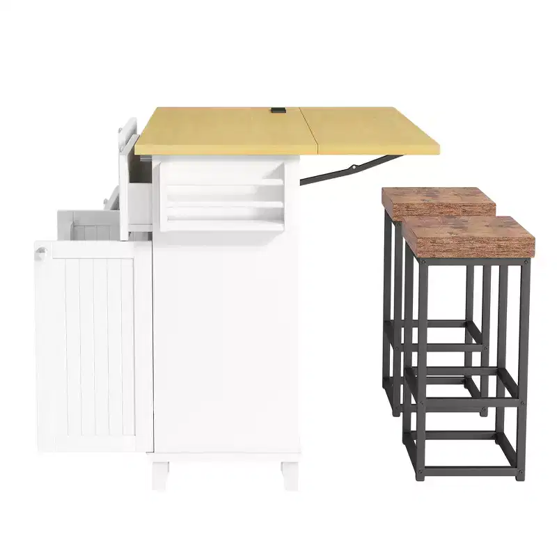 Farmhouse Kitchen Island with Drop Leaf, Drawers, Power Outlet and 2 Seats
