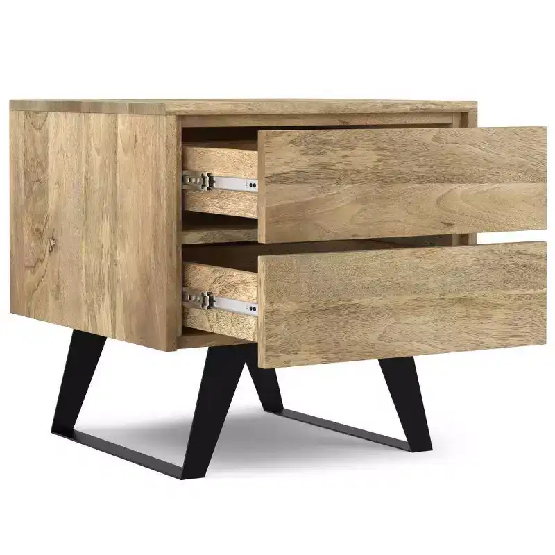 Natural Mango Wood Side Table with Industrial Metal Hardware and Storage Drawers