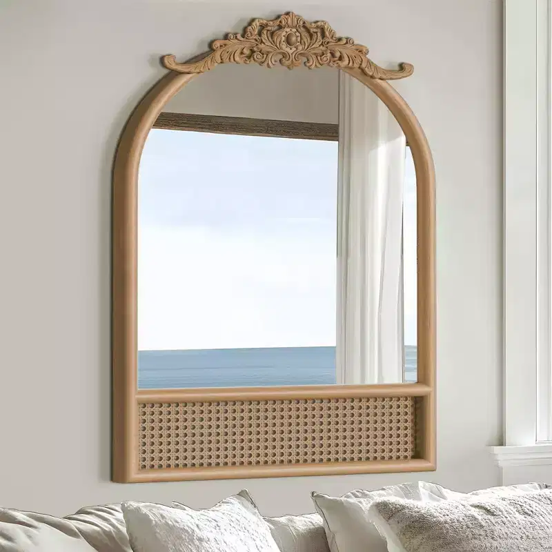 MAYEERTY 35.83x24.02x1.57in Solid Wood Carved Rattan Right Angle Arch Brown Hanging Mirror