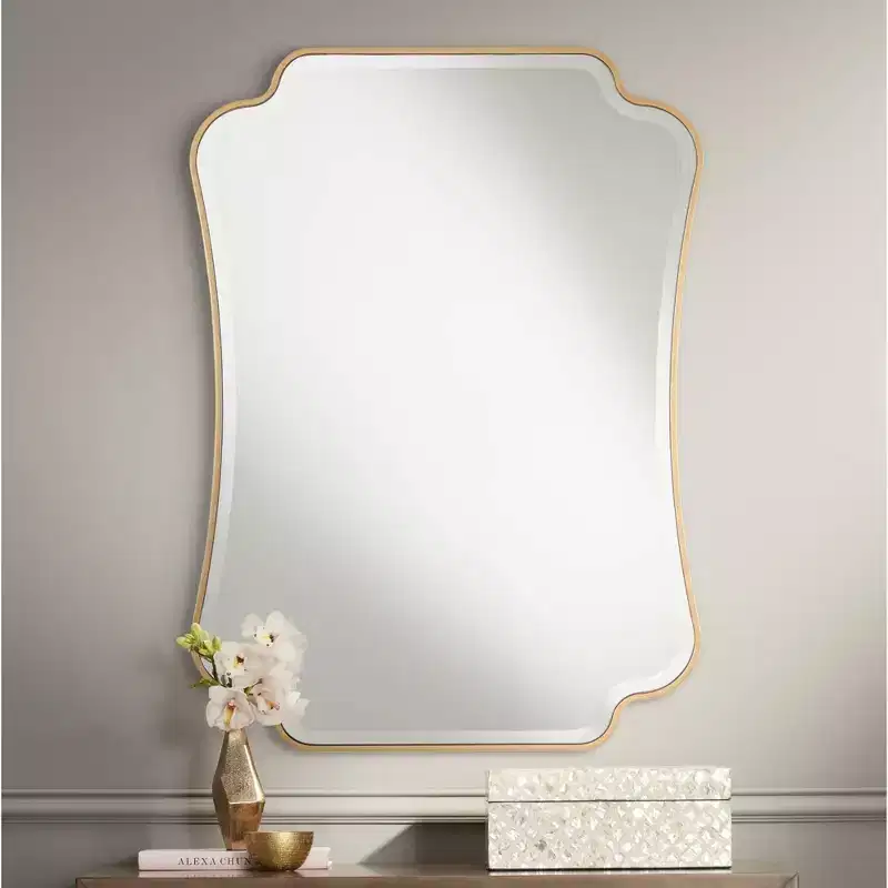 Noble Park Indara Scalloped Corner Rectangular Vanity Wall Mirror Modern Beveled Gold Wood Frame 27 Wide for Bathroom Bedroom Living Room Office
