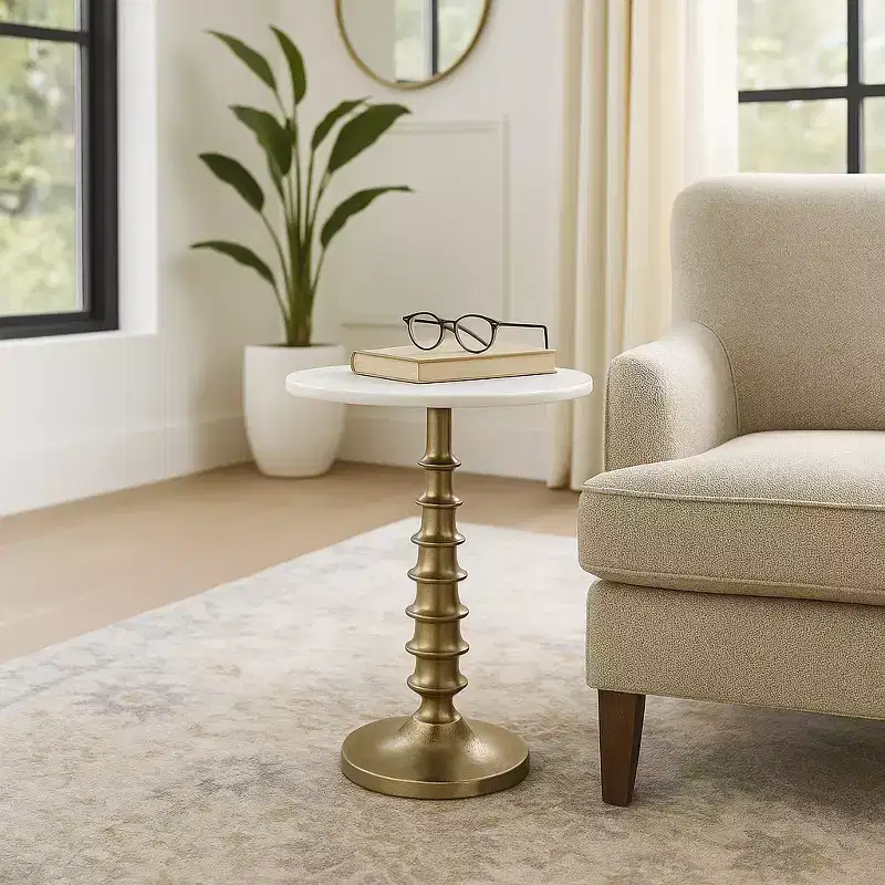 Glam End Table, Side Table, or Night Stand for Room Decor - Marble Top with Ribbed Base Design for Bedroom or Living Room Decor - 22 White & Gold