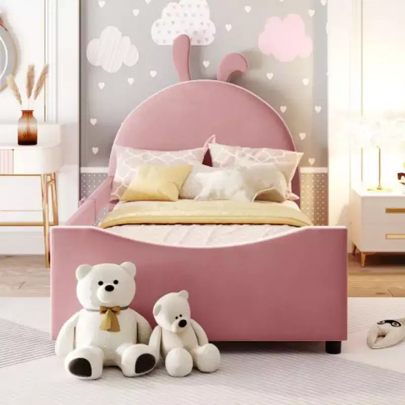 Pink Twin Size Upholstered Daybed with Rabbit Ear Designed Headboard