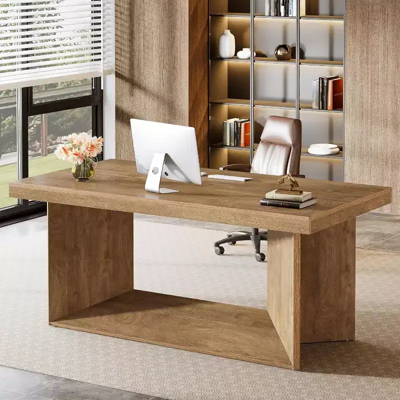 63-Inch Executive Desk, Large Office Computer Desk with Heavy Duty Pedestal, Farmhouse Workstation for Home Office, Rustic Brown