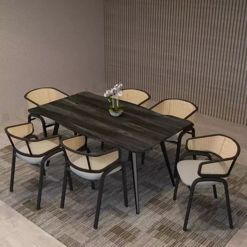 Modern Dining Chair with Black Frame, Velvet Seat & Rattan Back, for Kitchen, Dining Room, Office or Lounge
