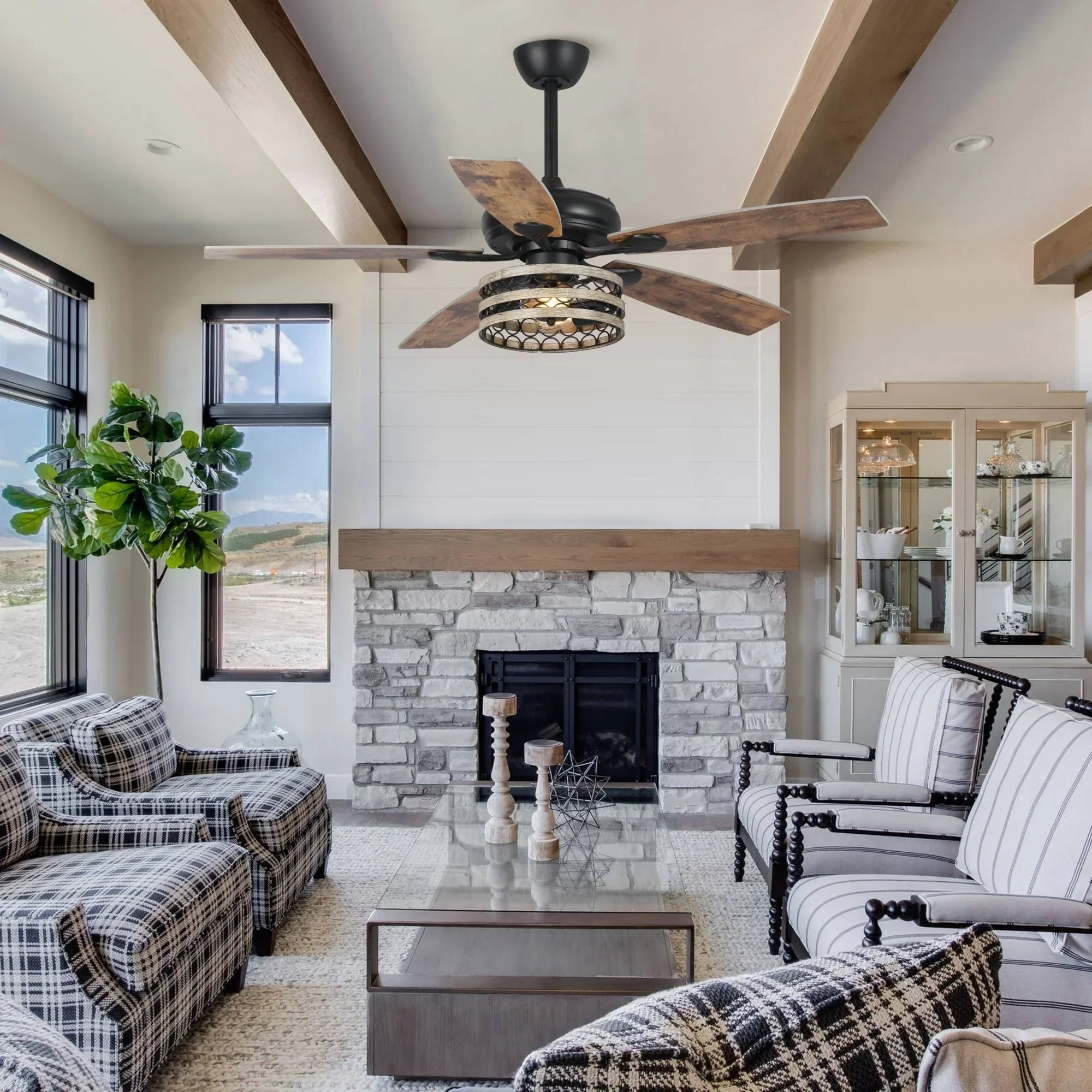 52 Farmhouse Driftwood 5-Blade Black Caged Ceiling Fan with Remote