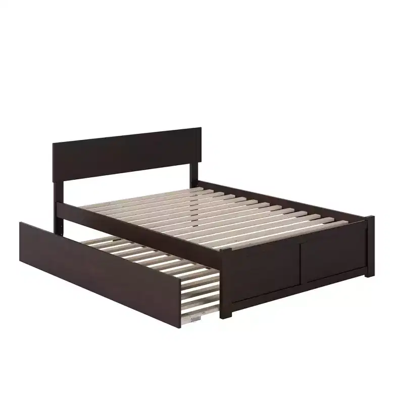 Full Size Platform Bed with Adjustable Headboard and Twin Trundle, Charging Station, Espresso