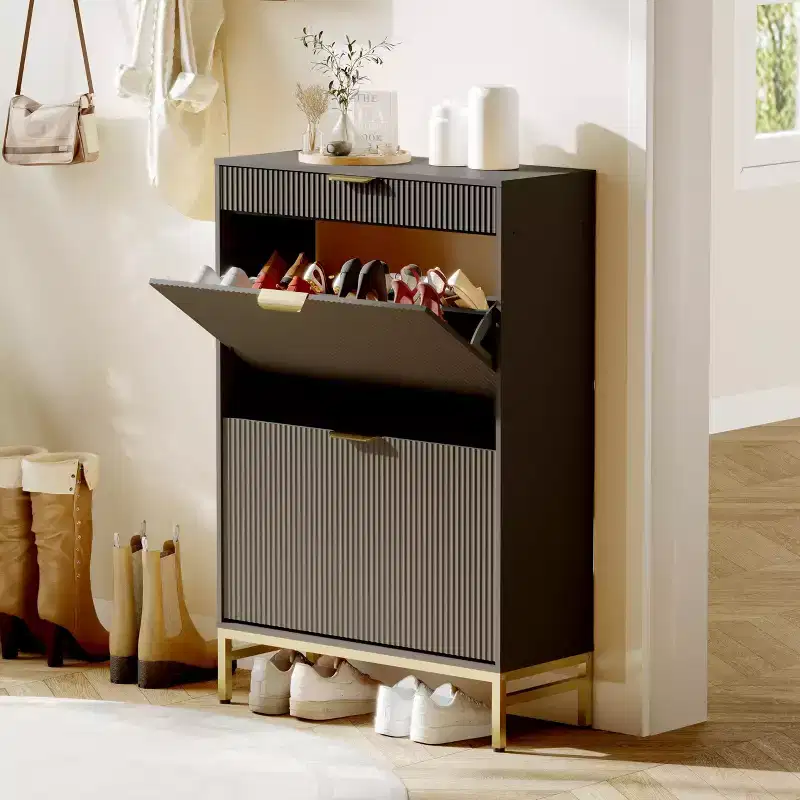 Shoe Cabinet Storage for Entryway, Tipping Shoe Cabinet with 2 Flip Drawers Fluted Panel, Narrow Shoe Rack for Living Room