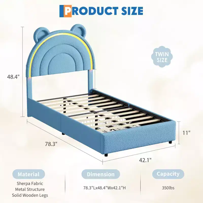 Twin Size Upholstered Platform Bed with 4 Drawers and LED Lights for Kids