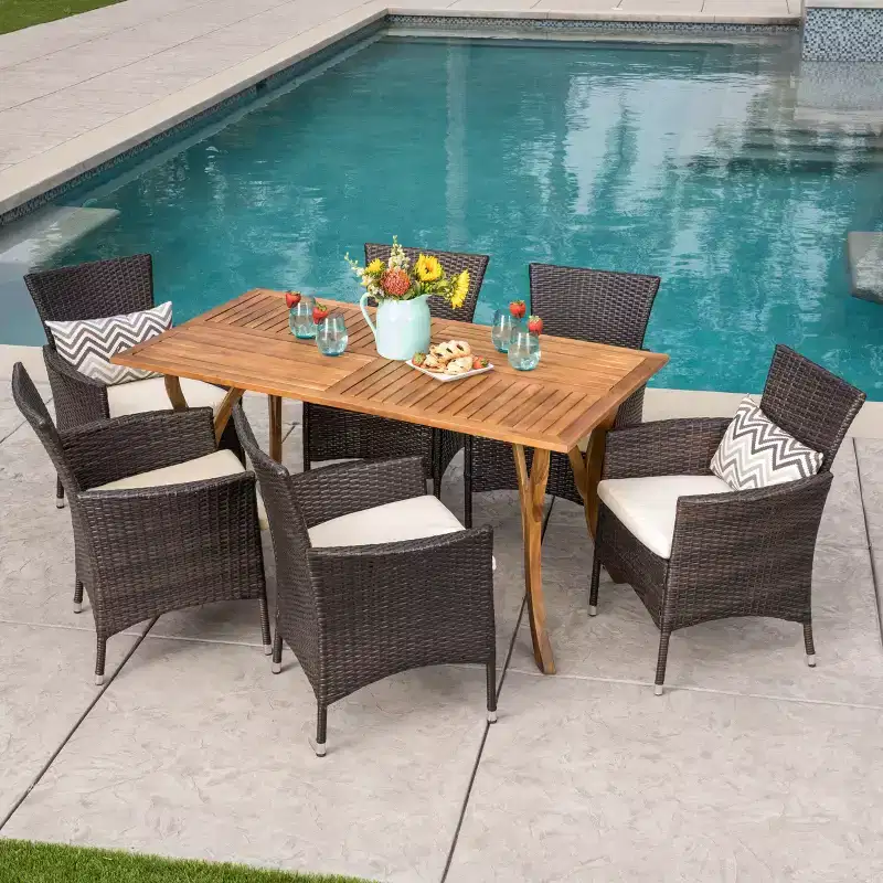 Christopher Knight Home Zain Outdoor Acacia Wood and Wicker 7 Piece Dining Set with Cushion