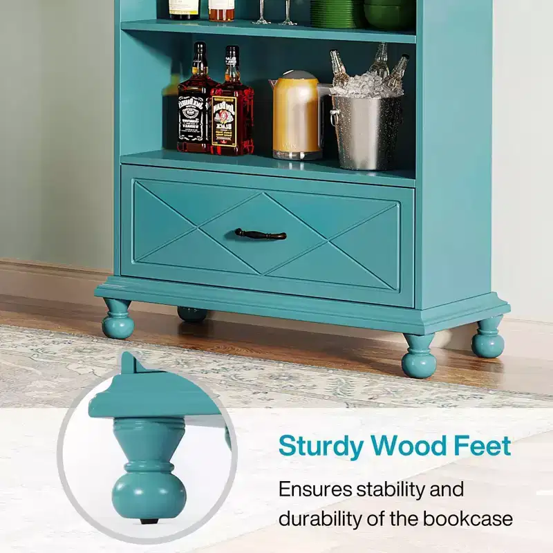 LITTLE TREE 70.87" 6 Shelf Bookcase with Drawer and Solid Wood Legs Ocean Blue