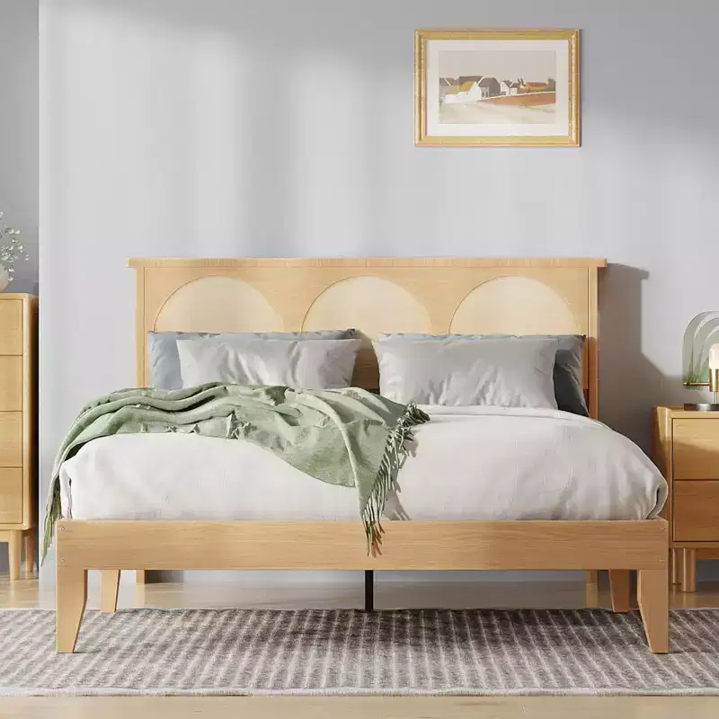 Solid Wood Bed Frame with Rattan Headboard and LED Lights