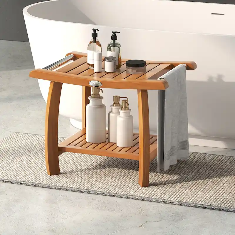Gymax Teak Wood Shower Bench 2-Tier Wooden Shower Stool w/ Curved Seat