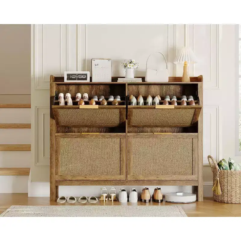 Farmhouse-style rattan shoe cabinet, 47-inch shoe rack with 4 flip-top drawers, freestanding narrow shoe rack with concealed gold handles and shelves