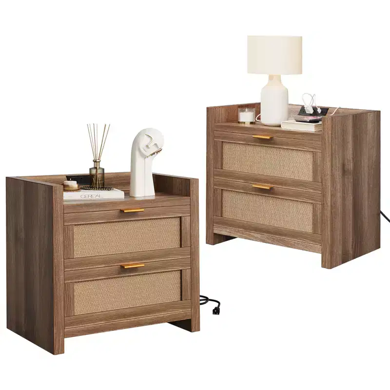 Night Stand Set of 2, Modern Nightstand, Bedside Tables with 2 PE Rattan Drawers, Rattan Nightstands for Bedroom Living Room