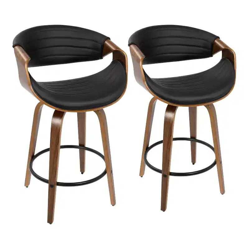 Set of 2 Symphony Mid Century Modern Counter Height Barstool Faux Leather Walnut/Black - LumiSource: Swivel, Wood & Metal Frame, 250lb Capacity