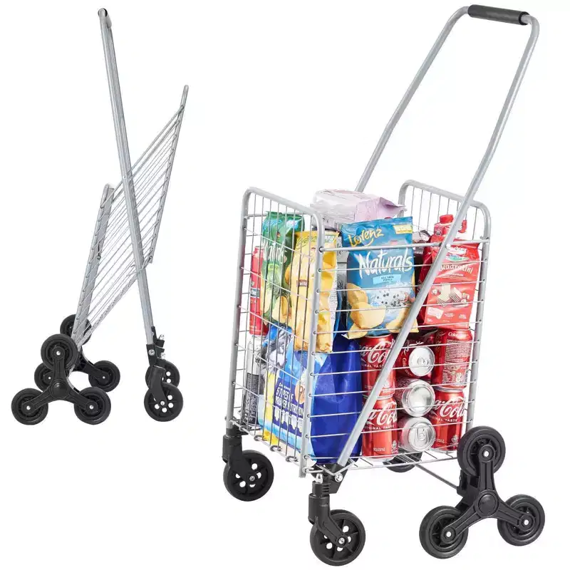 VIYET 45L Stair Climbing Storage Cart, 360 Swivel Wheels, Tri-Wheels, Foldable Collapsible Lightweight Utility Cart for Laundry Travel, Silver