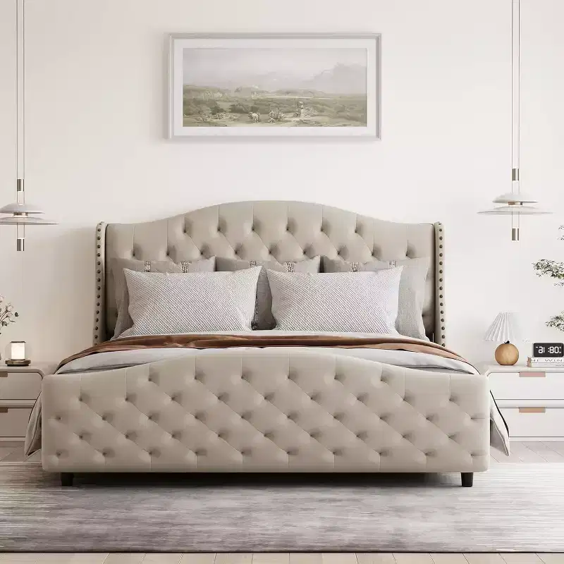 COZONY Queen Size Velvet Upholstered Bed Frame with Wingback Headboard