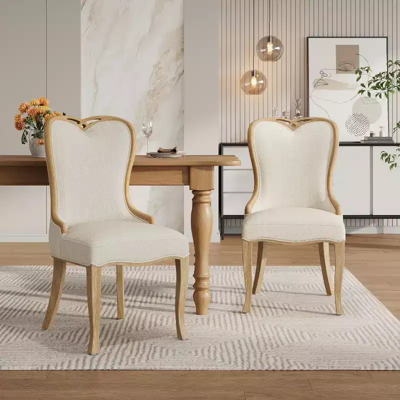 Set of 2 French Country Tufted Wingback Dining Chairs – Rubberwood Frame, Upholstered