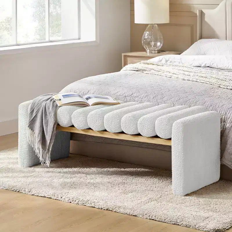 Modern Solid Wood Bench with Removable Bolster Cushions, H-Shaped Design
