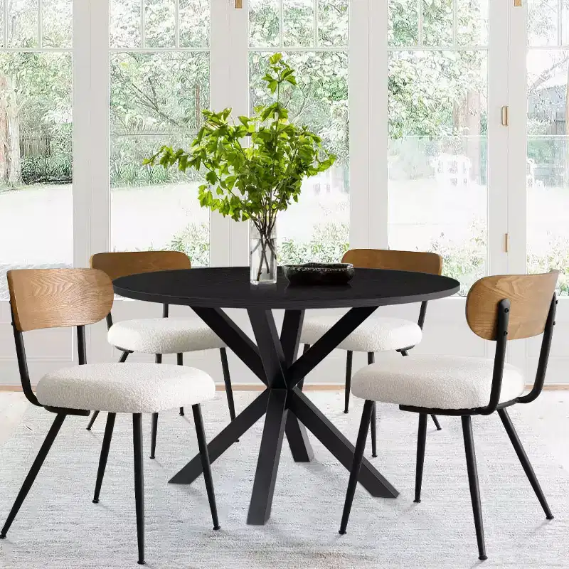 5-Piece Round Dining Table, 40 Black Wood Table and Upholstered Boucle Chairs with Ash Backs for Dining Room