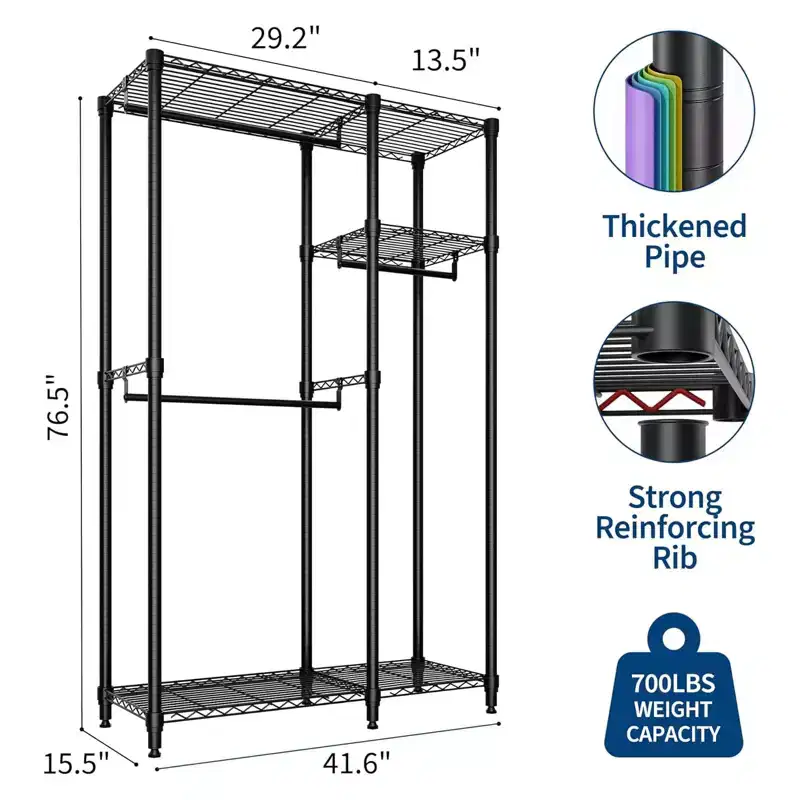 Heavy Duty Clothes Rack - Freestanding Closet Organizer w/ 4 Rods & Adjustable Shelves