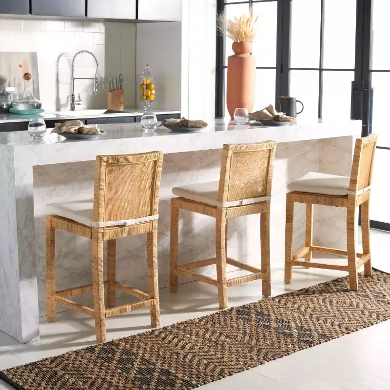 Tojo Cane Counter Stool With Cushion - BST6502 - White/Natural - Safavieh