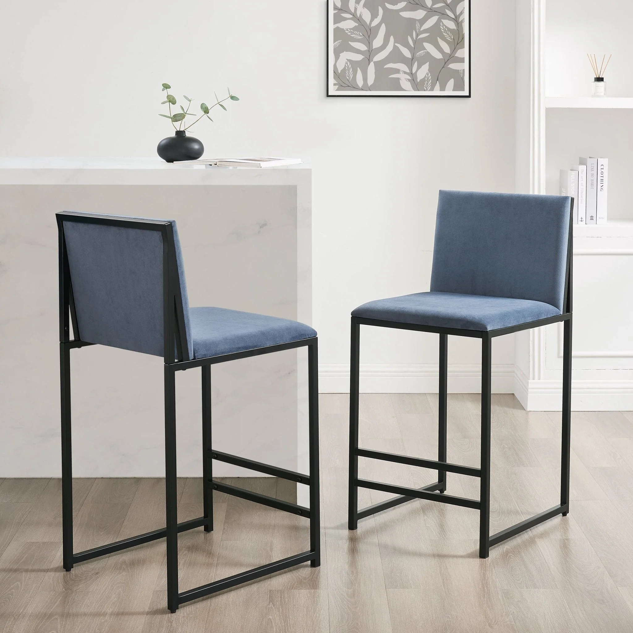 Modern Blue Velvet Barstool with Black Metal Frame for Kitchen