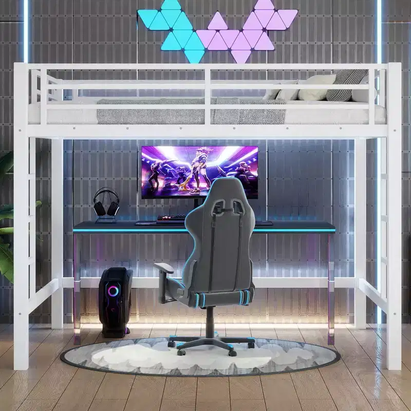 Bellemave Full Metal Loft Bed with Dual Ladders on Both Sides, Space-Saving Loft Bed Frame with Guardrails, Easy Assembly, White