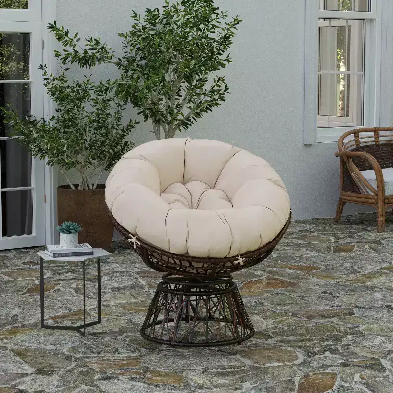 Merrick Lane Papasan Style Woven Wicker Swivel Patio Chair with Removable All-Weather Cushion