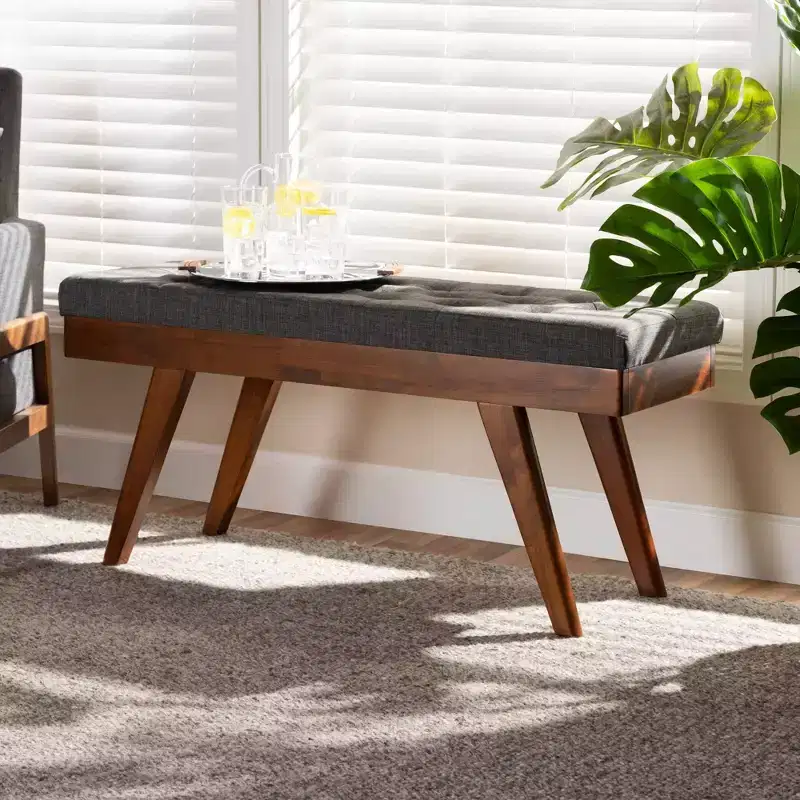 Baxton Studio Alona Medium Wood Dining Bench Gray - : Mid-Century Design, Tapered Legs, Polyester Upholstery, Entryway Seating