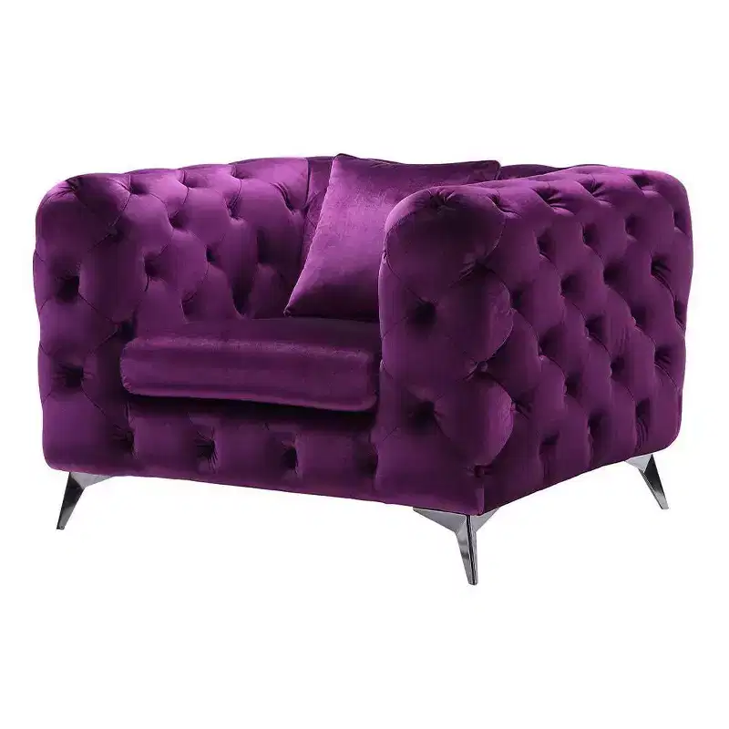 Tufted Velvet Accent Chair with Arms, Wood Frame & Metal Legs, Glossy Finish