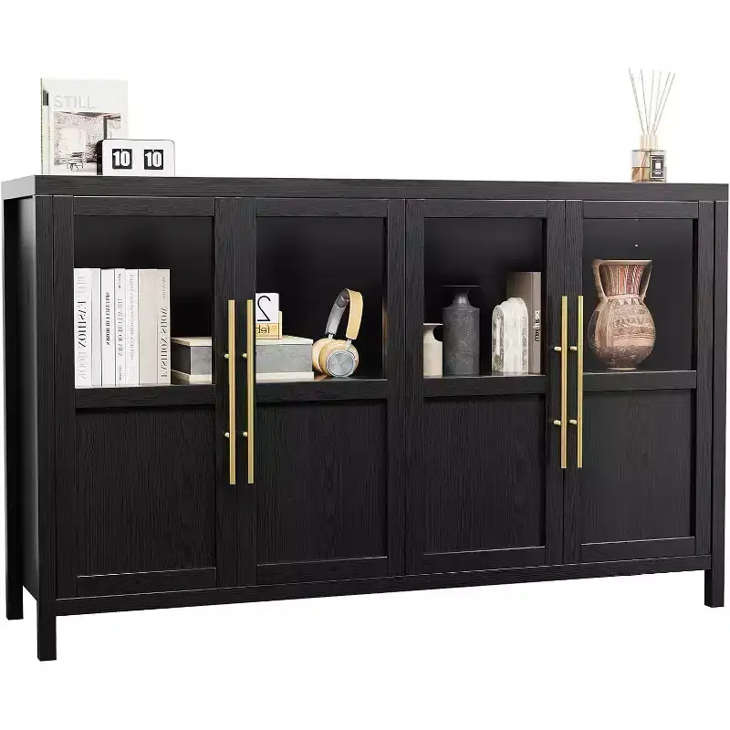 55'' Large Sideboard, Glass-Door Kitchen Storage Cabinet, Wooden Farmhouse Coffee Bar Cabinet, Dining Room Buffet Table with Storage