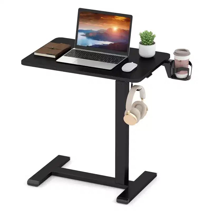 C-Shaped Side Table, Height Adjustable Overbed Bedside Table with Hook & Cup Holder, Black/Natural/White
